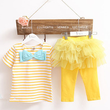 Hot Kid Girl Stripe Bow Top T shirt Tutu Skirt Leggings Culottes 2pcs Outfit Sets