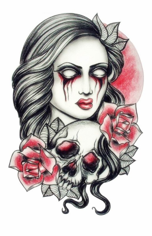 Body-Art-Beauty-Makeup-Pink-Sexy-Dangerous-Sexy-Skull-and-Scary-Lady-Tattoo-Waterproof-Temporary-Tattoo