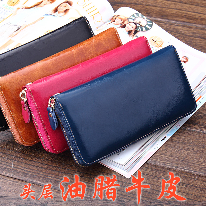 Women's wallet long design candy color cowhide wax 2014 day zipper clutch wallet brown rose