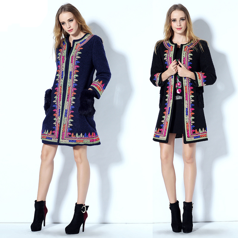 Desigual Coats Plus 3XL 2015 Fall Winter Europe Fashion New Long Sleeve Luxury Retro Hand Dish Splice Casual Wool Coats