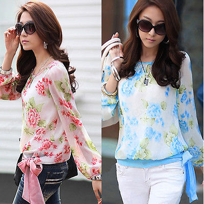 Ladies Women Chiffon Shirt Floral Printed Long Sleeve Blouse Casual Tops