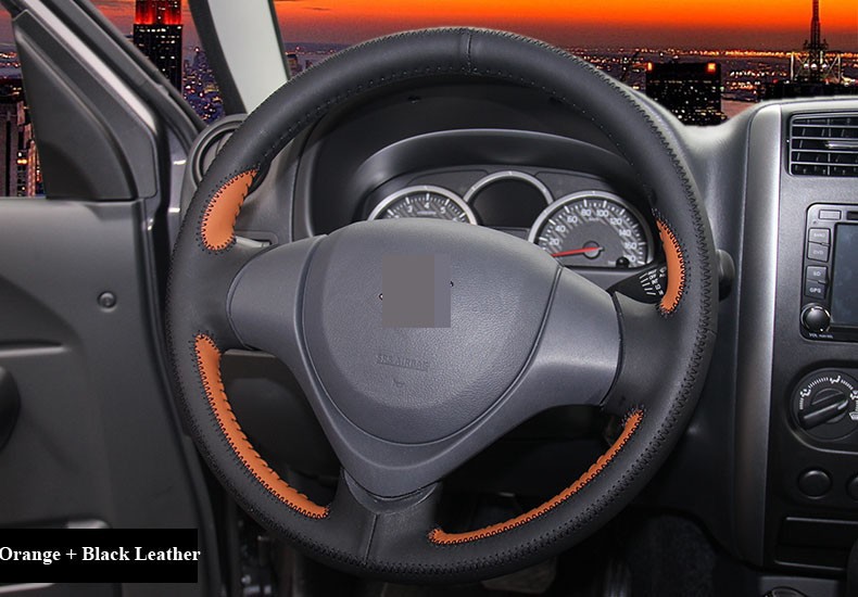 for Suzuki Jimny 2015 Black Orange Leather Steering Wheel Cover Black Thread