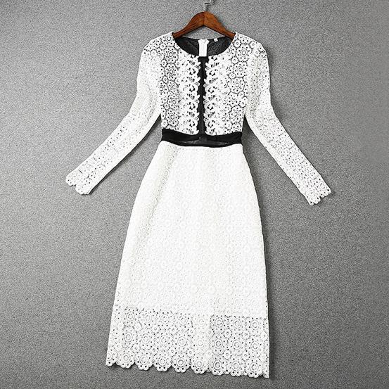 The new Europe and the United States women's spring 2016 Water soluble flower waist perspective gauze long-sleeved dress