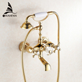 Free Shipping Luxury Antique Style Gold Color Bath Tub Faucet Ceramic Handle Handheld Shower Head Faucet