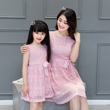 2016 new mom and daughter dress family clothing elegant short sleeve women lace dress bow waist belt pink flower girl dresses