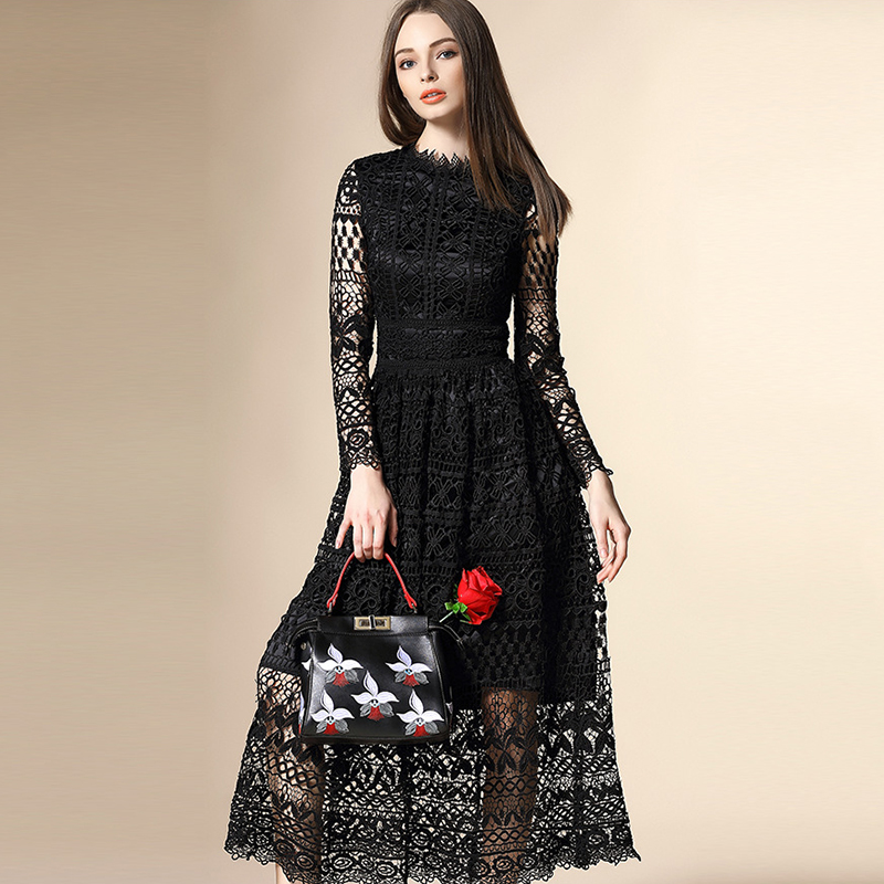 2016 spring black sexy women long sleeve maxi dress lace mesh vestidos de mujer embroidery long dresses red femme party dresses