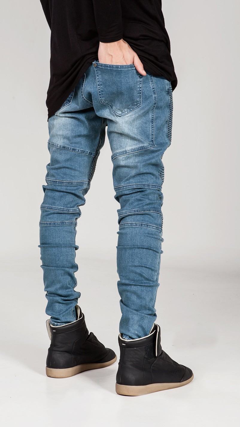 Mens Skinny jeans men 2015 Runway Distressed slim elastic jeans denim Biker jeans hiphop pants Washed black jeans for men blue