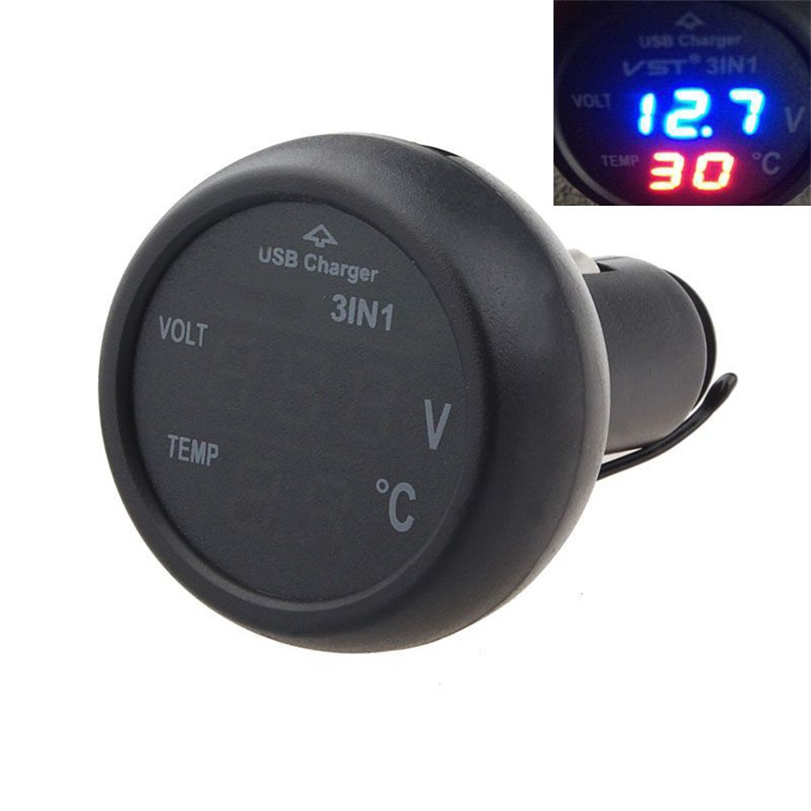 New 3 in 1 Digital LED car Voltmeter Thermometer Auto Car USB Charger 12V/24V Temperature Meter Voltmeter hot sale