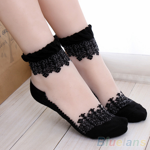 1 Pair New Ultrathin Transparent Beautiful Crystal Lace Elastic Short Socks 2KFI
