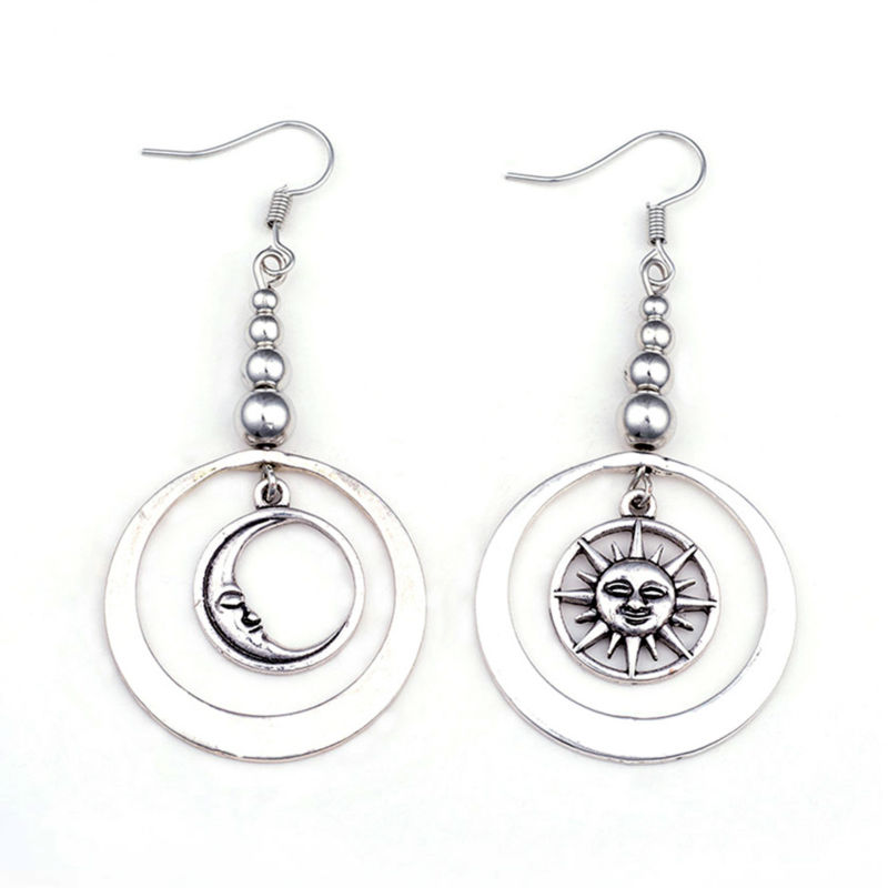 Vintage Antique Silver Sun And Moon Pendants Drop Earrings For Women Ethnic Jewelry Earing Asymmetry Hanging Earring E320JM