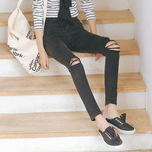 2016 kawaii women’s harajuk knee hole high waist sports jeans female slim elastic ulzzang trousers for woman large size