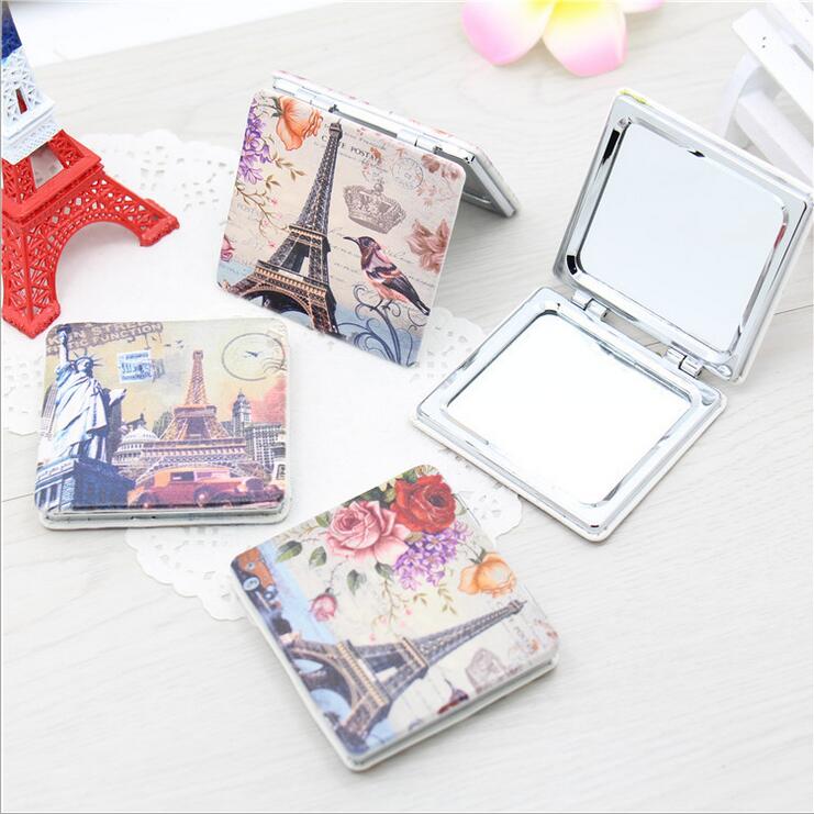 2016 maquillaje espejo Eiffel Tower PU Portable pocket mirror two sides foldable make up mirror crystal