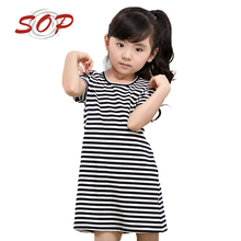 2015 New Arrival Children Clothing For Girls Short Sleeve O-Neck Cotton Summer Casual Kids Clothes Striped Child Dress(China (Mainland))