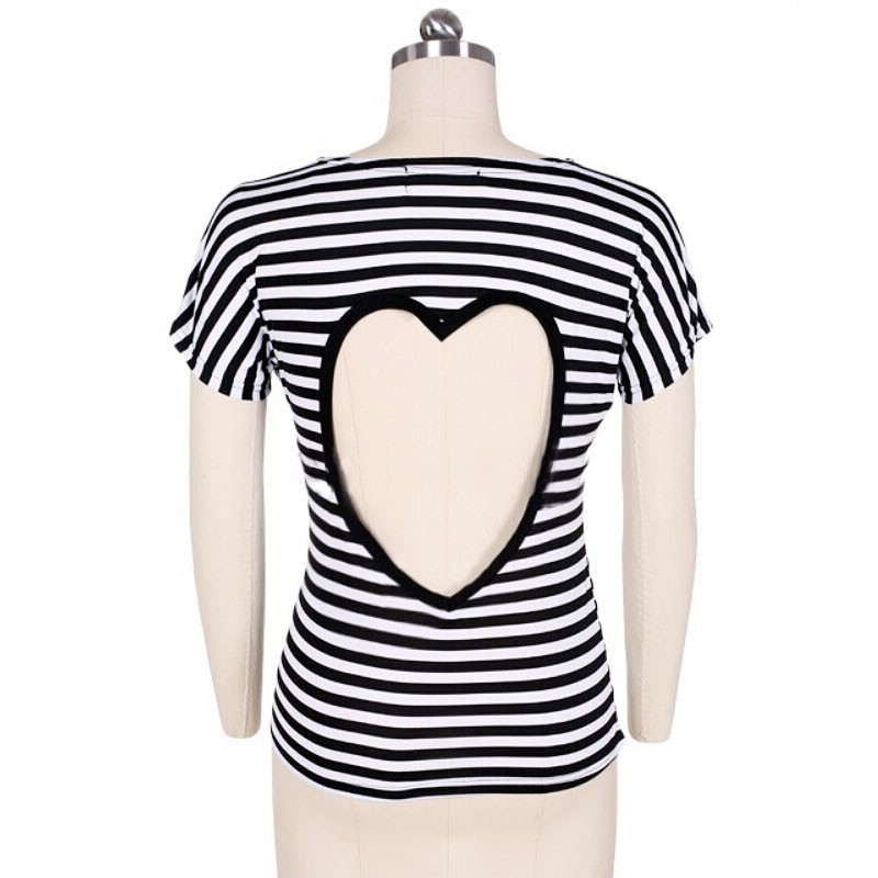 2015 New Summer Fashion Women Striped T shirt Women Tees Tops High Quality women\'s t shirt love backless emoji t shirt (4)