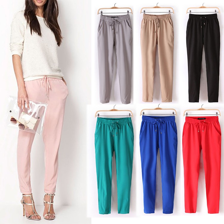 Hot-Sale-New-2014-Brand-Casual-Women-Pants-Solid-Color-Drawstring-Elastic-Waist-Comfy-Full-Length