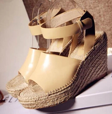 2015 Women Brand Apricot Platform& Wedges Casual Gladiator Sandals Genuine Leather Peep Toe Sandals Woven Straw Heel Shoes Woman