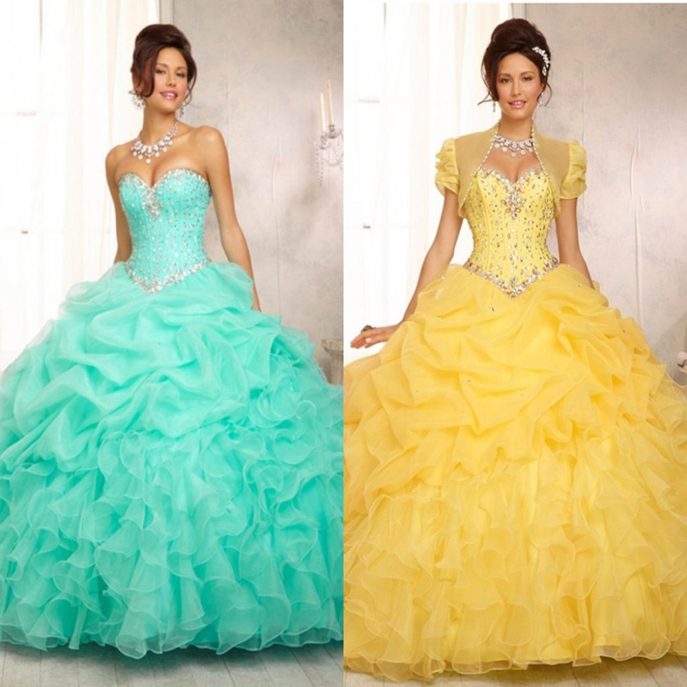 2016 por encargo de los vestidos del Quinceanera amarillo vestido de fiesta novia listones cristales piso