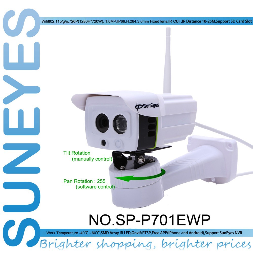 SunEyes SP-P701EWP Wireless Outdoor IP Camera Pan Rotation by Software ONVIF 720P HD with Micro SD Slot Array IR Night Vision SunEyes SP-P701EWP Wireless Outdoor IP Camera Pan Rotation by Software ONVIF 720P HD with Micro SD Slot Array IR Night Vision