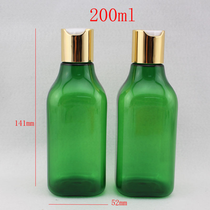 200ml empty green lotion cosmetic bottle container with gold cap, square PET bottles with aluminum lid, cosmetic packaging