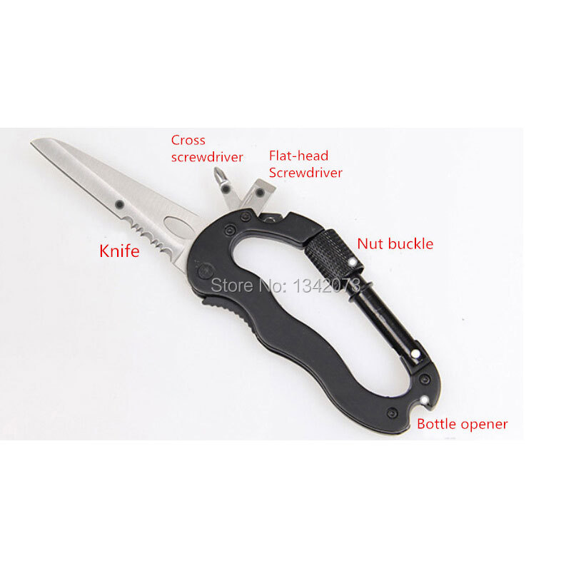 Hot Sale 5 in 1 Multi Function Hiking Survival Rock Climbing Gear Knife Carabiner Tools Free