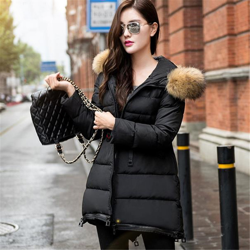 2015 New Winter Women Down Coat Lady Long Slim Fur Collar Hooded Jacket Female Zipper Pocket Outerwear 5 Colors ZS140