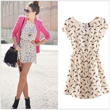 New Fashion 2014 Bargain HOT SALE Women Spring Summer O-neck short sleeve Animal Bird Print Casual Vintage Mini Dress, Plus Size