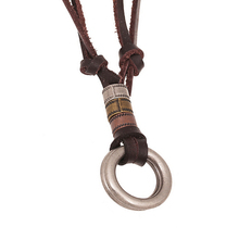Original Genuine Brown Leather Cord Men Necklace Double Alloy Circle Charm Pendant Necklace Choker Punk Jewelry collier ethnique