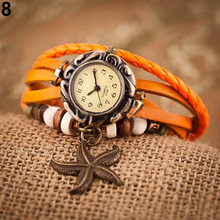 Woman Girl Vintage Leather Bracelet Starfish Decoration Quartz Wrist Watch 2EGP