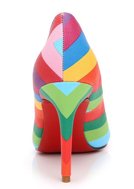 Rainbow stripe pointed toe women pumps spell color Brand original ...