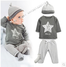 Retail 2015New Spring and autumn baby boy clothes 100 cotton 3pcs Hat T shirt pants The