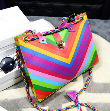 2015 New Women Rainbow Chain Color Bag Ladies Rivet Leather Crossbody Shoulder Bag Brand Party Bags