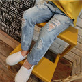 Kids Girl Jeans 2016 Fashion Big Hole Denim Trousers Loose Straight Light Blue Pants Children Girls