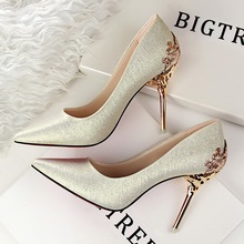 Spring Summer Women High Heels Shoes Pointed Toe Matel Heels Pumps Fashion Sexy Shoes Heeled Carved Metal Office Wedding Shoes
