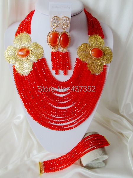 Luxury 15layers Double Flower Red African Nigerian Wedding Beads Jewelry Set Bridal Jewelry Sets Free Shipping CPS-3156