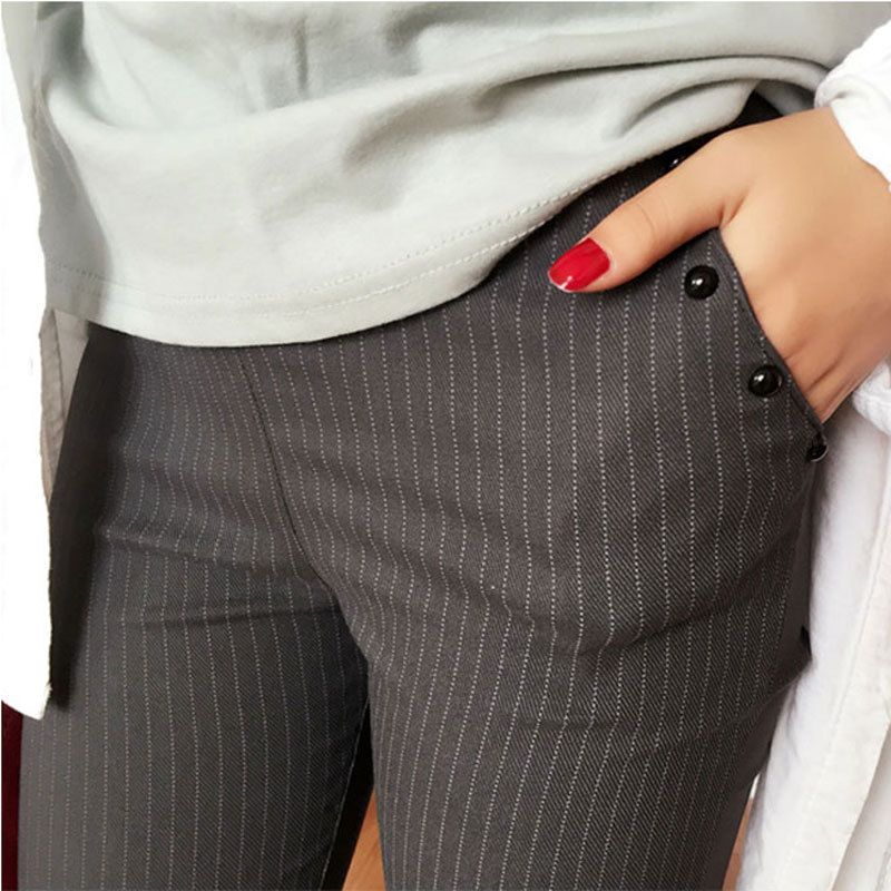 2015 Autumn New Skinny Black White Vertical Stripes Leggings Pencil Pants Elastic Woven Beads Pocket Leggings For Women Trousers