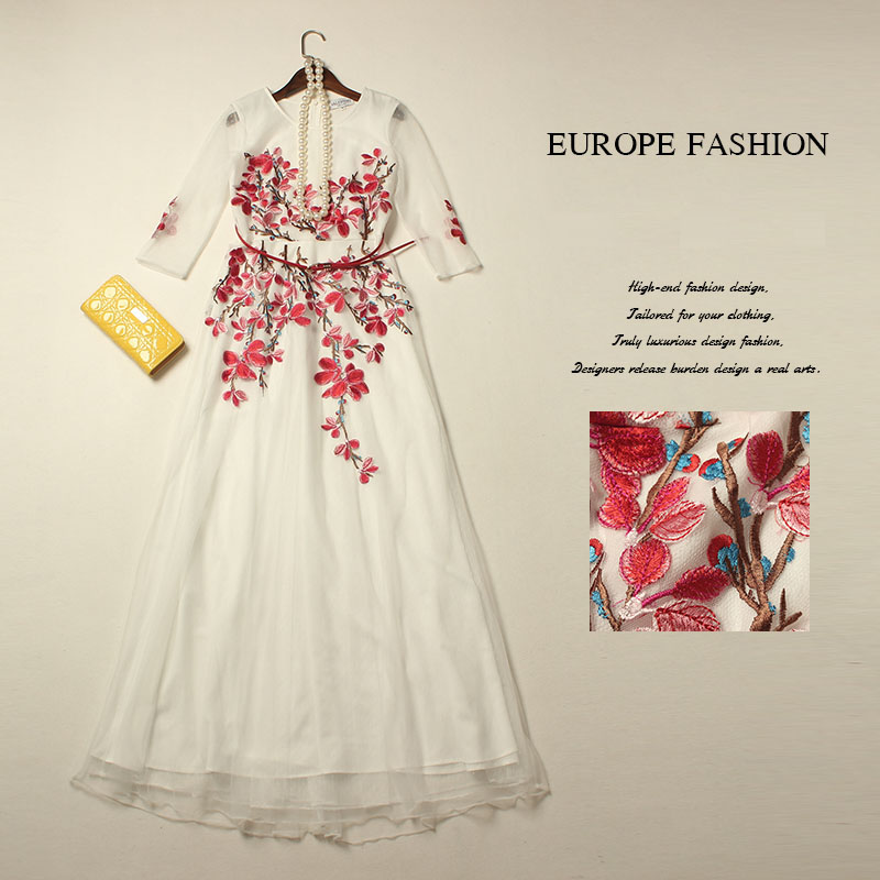 Luxury Dress 2016 Summer Fashion Runway Brand Full Sleeve Belt Flower Embroidery Mesh Hollow Out Slim White Long Dress