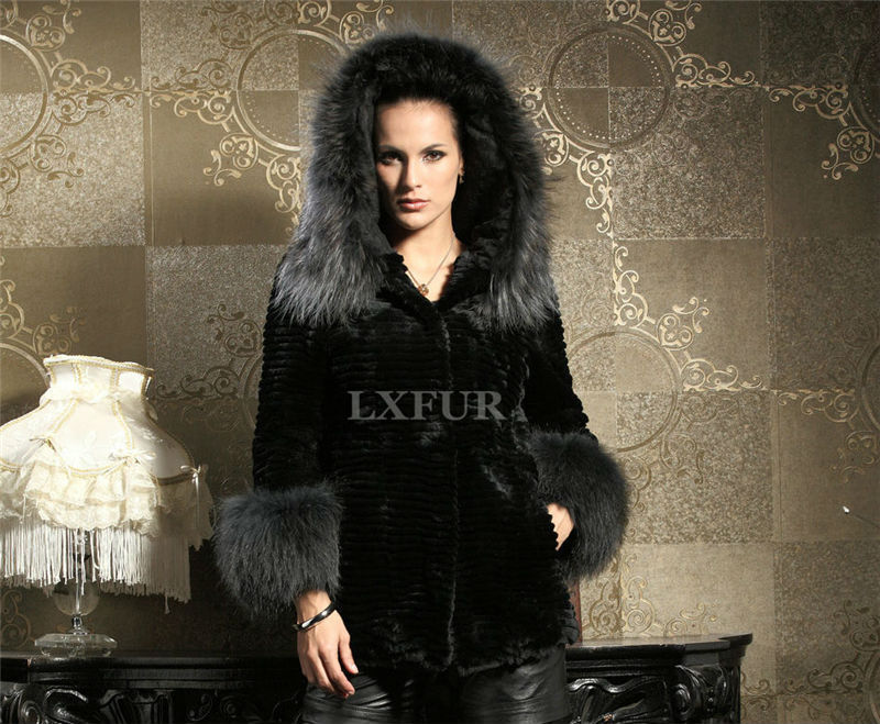 Luxurious Womens Real Stripe Rex Rabbit Fur Coat with Raccoon Fur Hoody Winter Warm Hooded Overcoat with Fur Cuff  LX00044