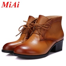 fashion real leather ankle boots women autumn winter shoes round toe casual shoes med heels size 34-39 balck brown boots woman
