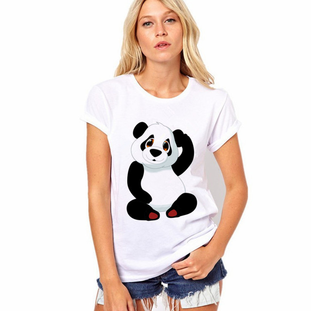 Майка Женщин 2016 Летняя Мода Хлопок Panda Печать С Коротким Рукавом О-Образным Вырезом Белый Топы Рубашка