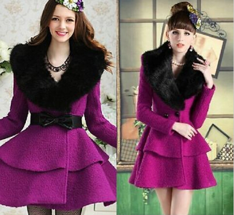 Details about  Women Princess Falbala Purple Wool Blend Coat Fur Collar Slim Parka Jacket