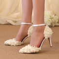 Beautiful Lace Flower Bridal Dress Shoes Wedding Party Pumps Pointed Toe Satin Dancing Shoes Buckle Strap
