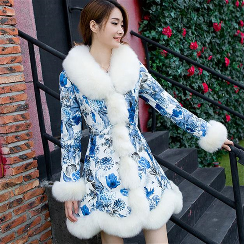 2015 New Fashion Winter Women Down Coat Long Slim Fur Collar Hem Patchwork Jacket Female Floral Print Pattern Outwear ZS112