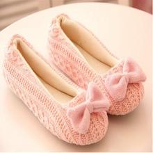Warm Soft Sole Woman Indoor Floor Slippers Autumn Winter Home Shoes Womens Crochet Bowtie Antiskid Casual Slip-On Houses Shoe
