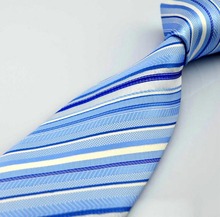 NT0023 White Blue Stripe Smooth Fashion Jacquard Woven Classic Silk Polyester Man s Business Wedding Tie