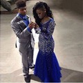 Sparkly Royal Blue Crystals Prom Dress with Long Sleeves 2016 V Neck Luxury Woman Mermaid Evening