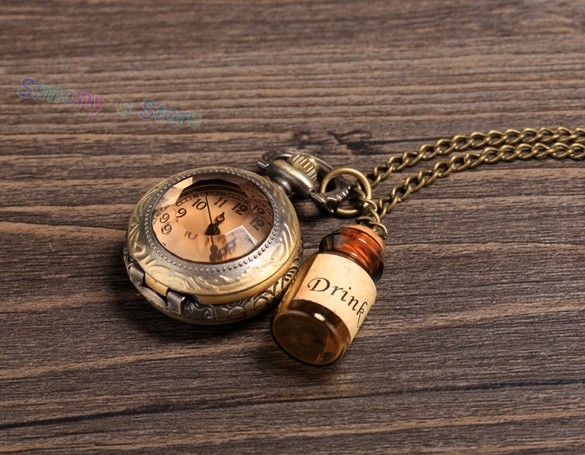 Fashion Vintage Style Pocket Watch With Drift Bottle Embellished Pendant Necklace For Women 53
