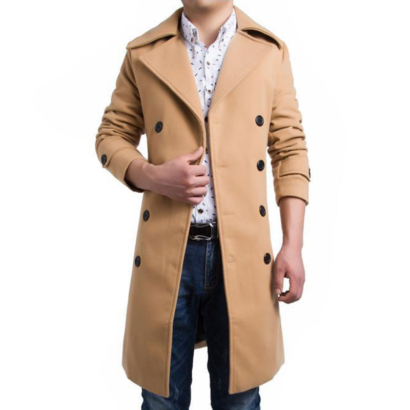 Fashion Double-breasted Winter Men Trench Coats Long Slim Fit, Mens Brand Woolen Trench for 3 Colors Males Nylon Coat Plus Size