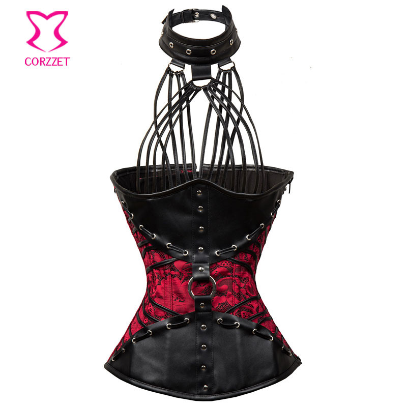 Gothic Corset Plus Size S 6xl Black Brocade And Faux Leather Cupless