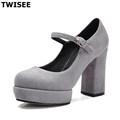 Kid Suede platform zapatos mujer women high heels shoes Elegant summer pumps Rubber Square Toe Slip