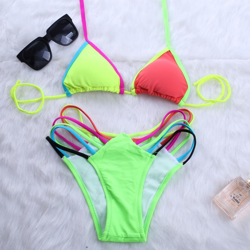2014 Sexy E Swimsuit Beachwear Neon Bandage Bikini Bright Color Multi